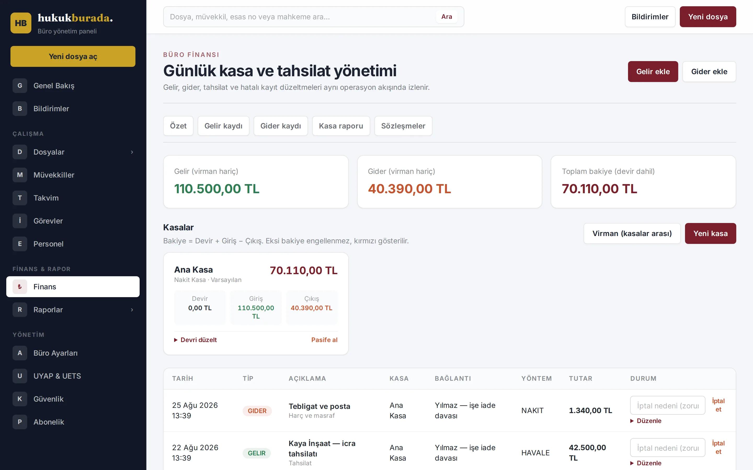 Kasa ekranı: gelir, gider ve bakiye dökümü